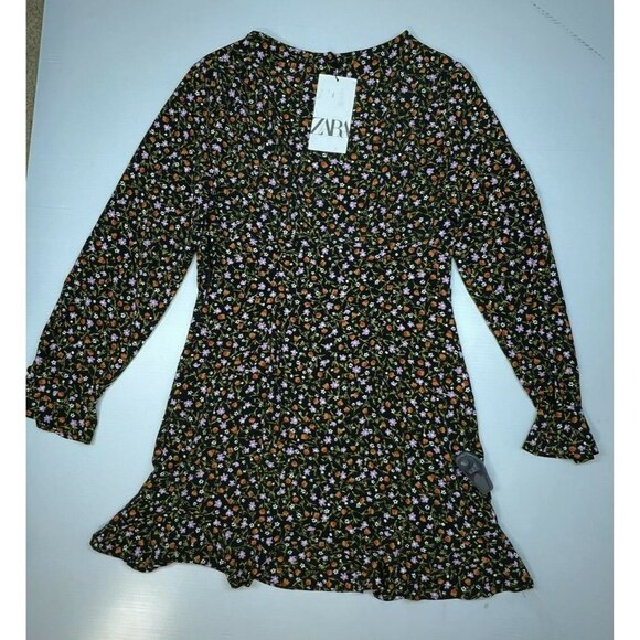 ZARA Floral Printed Peplum Top Sz S Black Red Ruffle Long Sleeves - Picture 2 of 5